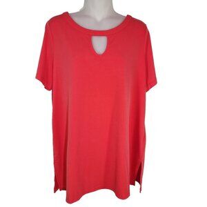 Susan Graver Top Women Liquid Knit Large Keyhole Neck Coral Short Sleeve A395951